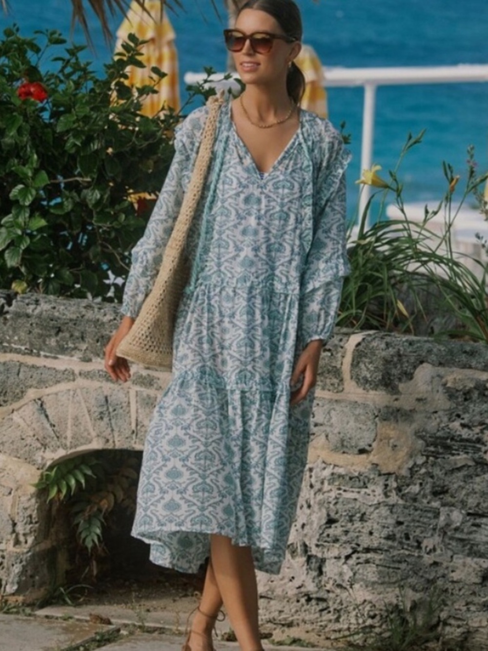 Tuckernuck Women's Blue Cotton Dusty Blue Medallion Ruffle dress/Cover-up, XS